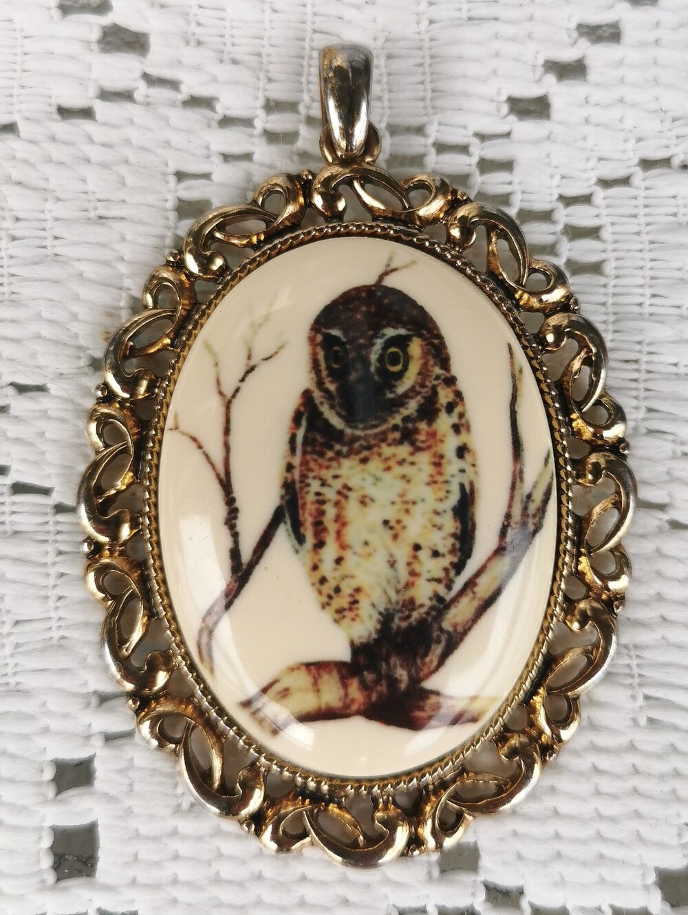 Vintage Gold Tone Filigree Owl Statement Pendant